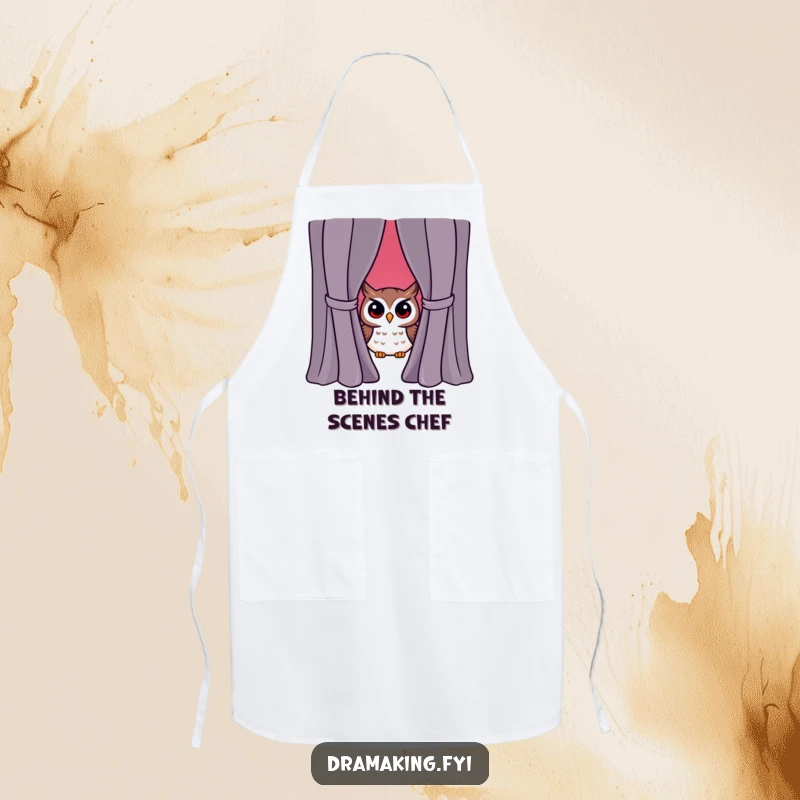 Funny owl character peeking from behind a dramatic curtain, surprised chef, humorous apron, kitchen decor.