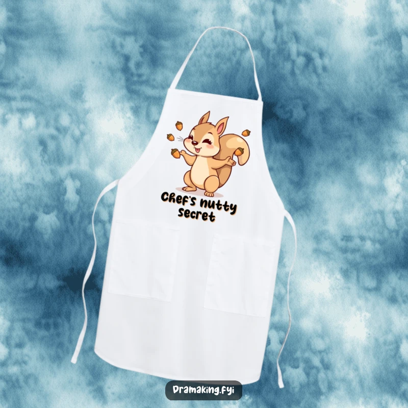 Funny squirrel apron showing a dramatic character tossing shiny acorns into the air, perfect for kitchen prep and hoarding.