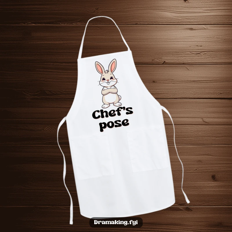 Funny apron showing a cheerful bunny with crossed arms striking a dramatic pose, ready to whip up a masterpiece.
