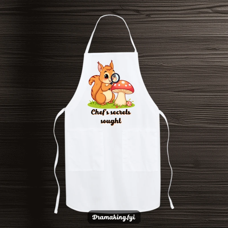 Funny apron featuring a curious squirrel with a magnifying glass examining a large, colorful mushroom, designed for kitchen exploration.
