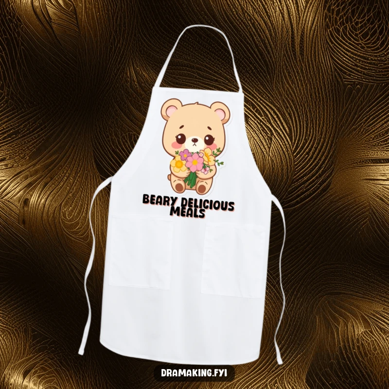 Funny apron with a small bear holding a bouquet of flowers, looking extremely pleased with itself, ideal for chefs.