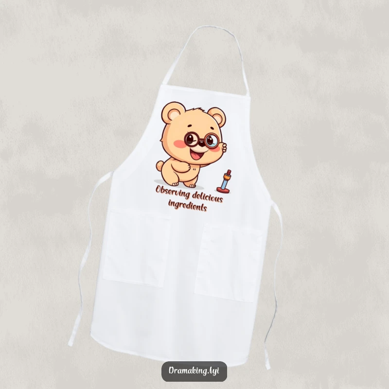 Funny apron with a bear cub wearing a monocle, pointing excitedly at a distant object, ready for gourmet adventures.