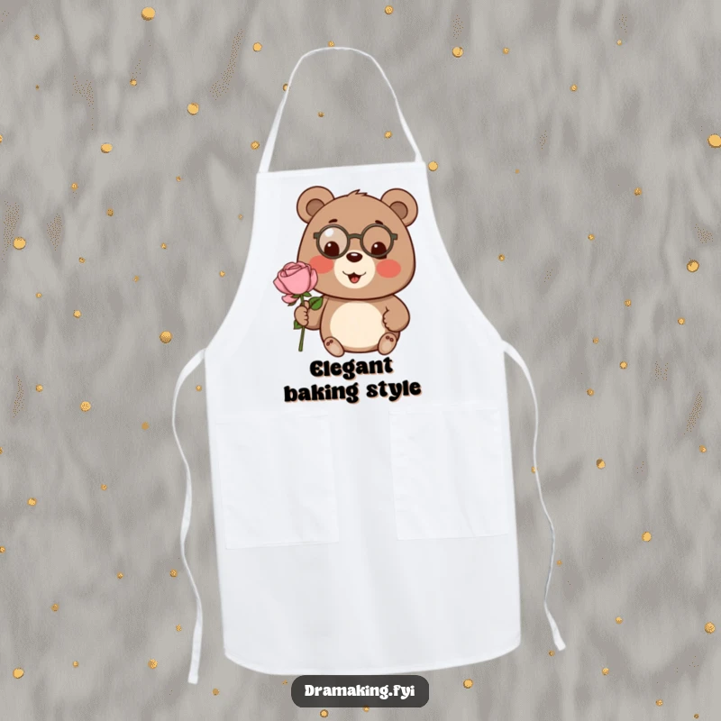 Funny bear apron, wearing a tiny monocle, presenting a large rose, a sophisticated and practical kitchen item.