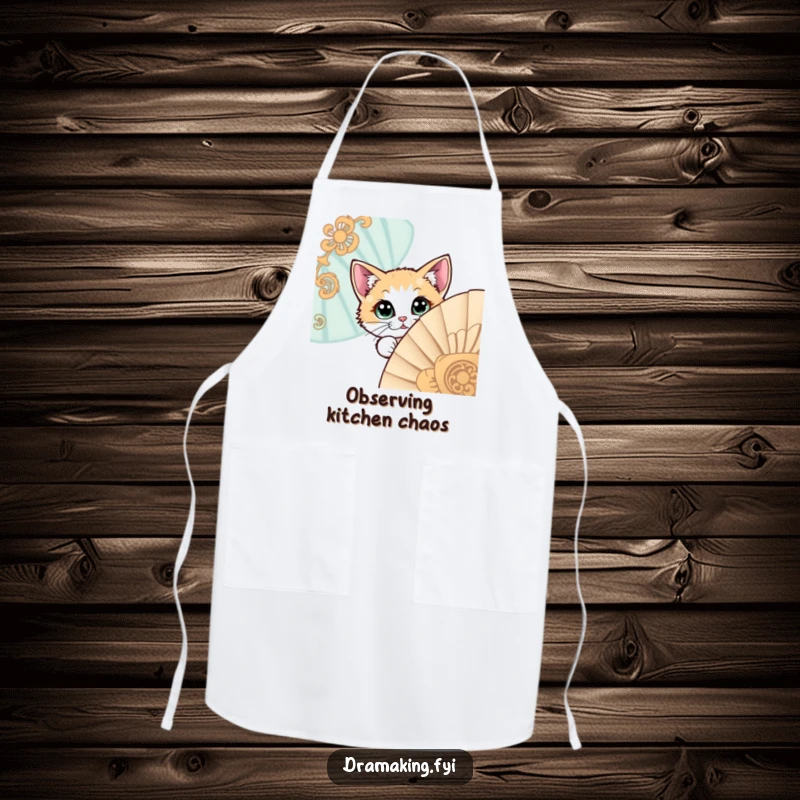 Funny apron showcasing a curious cat with large eyes peeking from behind an elaborate fan, perfect for kitchen fun.