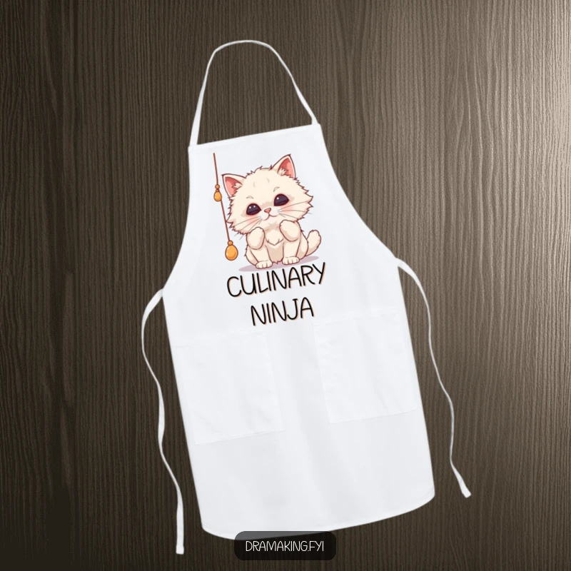 Funny cat apron showing a fluffy cat dramatically batting a string with pursed lips, adding humorous flair to culinary tasks.