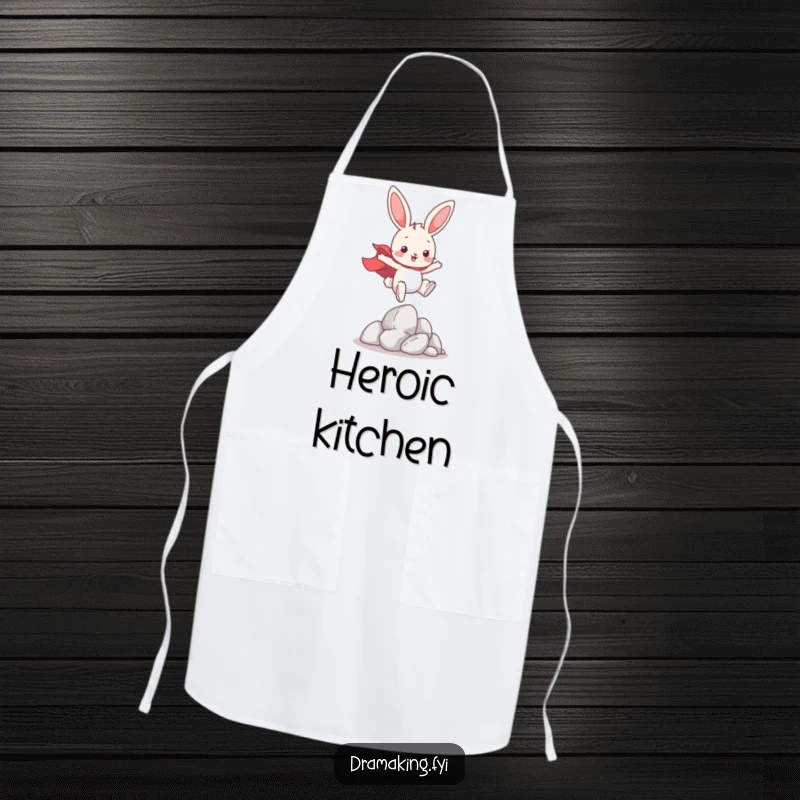 Funny Hero Bunny Apron, depicting a playful bunny wearing a cape, leaping over imaginary obstacles, great for kitchen adventures.