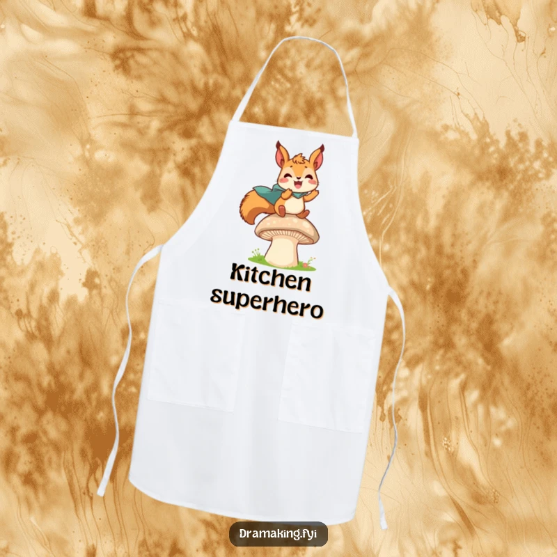 Funny apron showing a delighted squirrel in a tiny cape leaping from a mushroom, ready to embark on a culinary adventure.