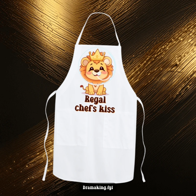 Funny lion cub apron showing a cheerful character blowing a soap bubble with a crown reflection, perfect for kitchen fun.