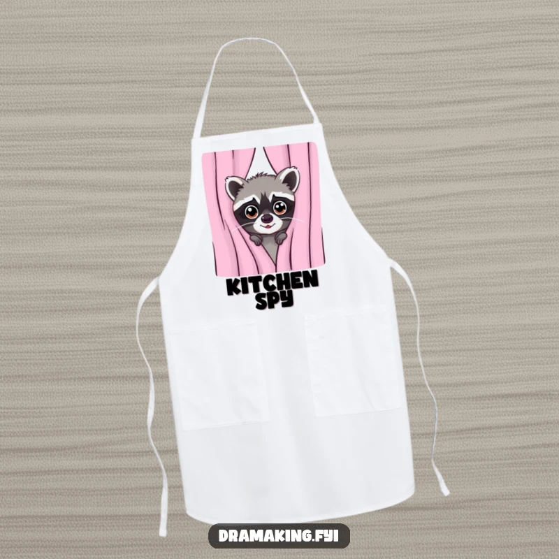 Funny apron showing a mischievous raccoon peeking from behind a curtain with wide eyes, as if ready for a kitchen caper.