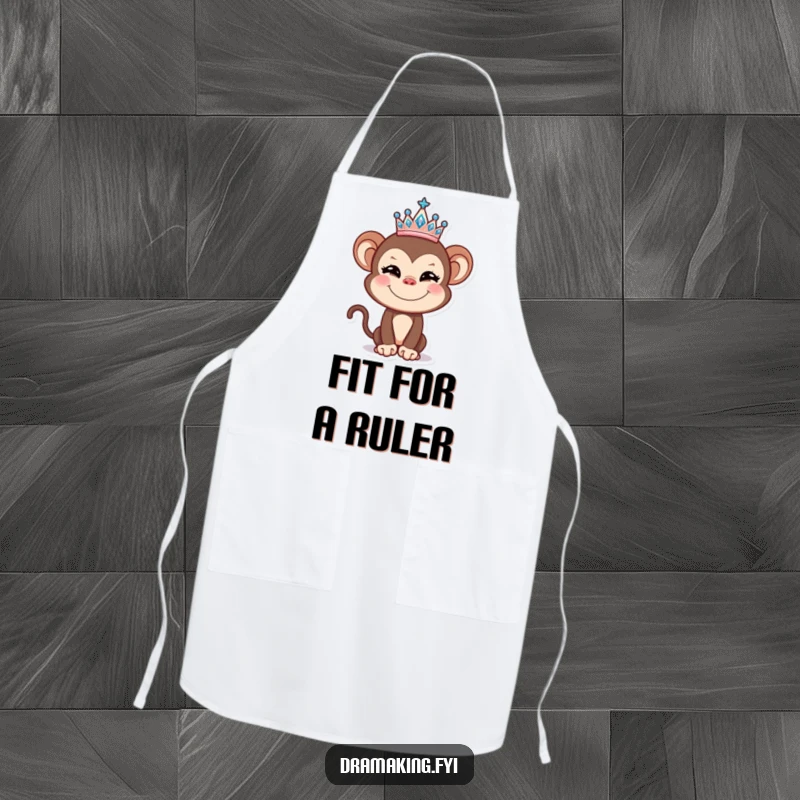 Funny Monkey Tiara Apron showing a mischievous monkey wearing a sparkly crown, perfect for a humorous and regal cooking experience.