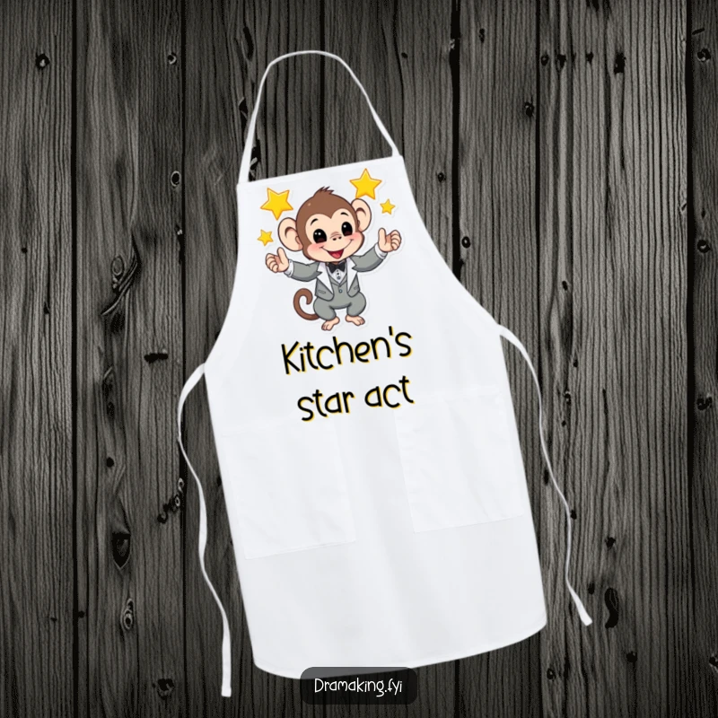 Funny apron featuring a monkey in a tuxedo juggling shining stars, perfect for a chef with a sense of humor and cosmic style.