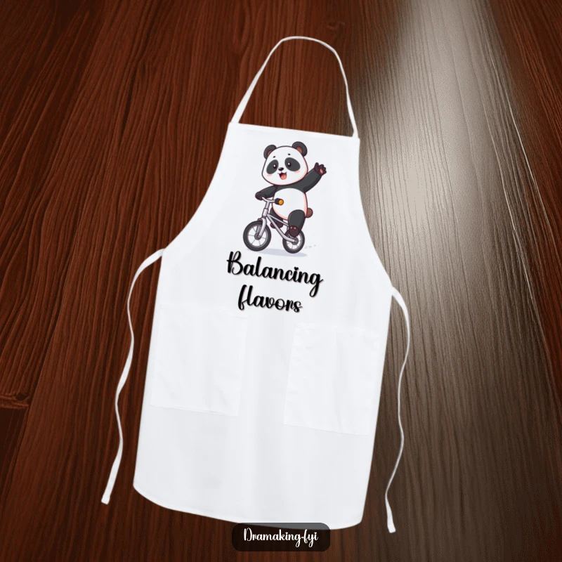 Funny panda apron depicting a majestic panda riding a tiny unicycle with exaggerated flair, adding circus humor to kitchen tasks.