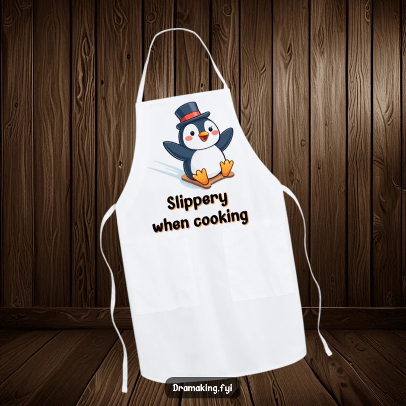 Funny apron with a penguin in a top hat humorously sliding down an icy slope, ideal for a chef with a playful spirit.