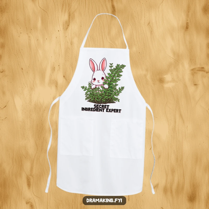 Funny rabbit peeking from behind a lush fern on a kitchen apron, suggesting curiosity and a love for nature.
