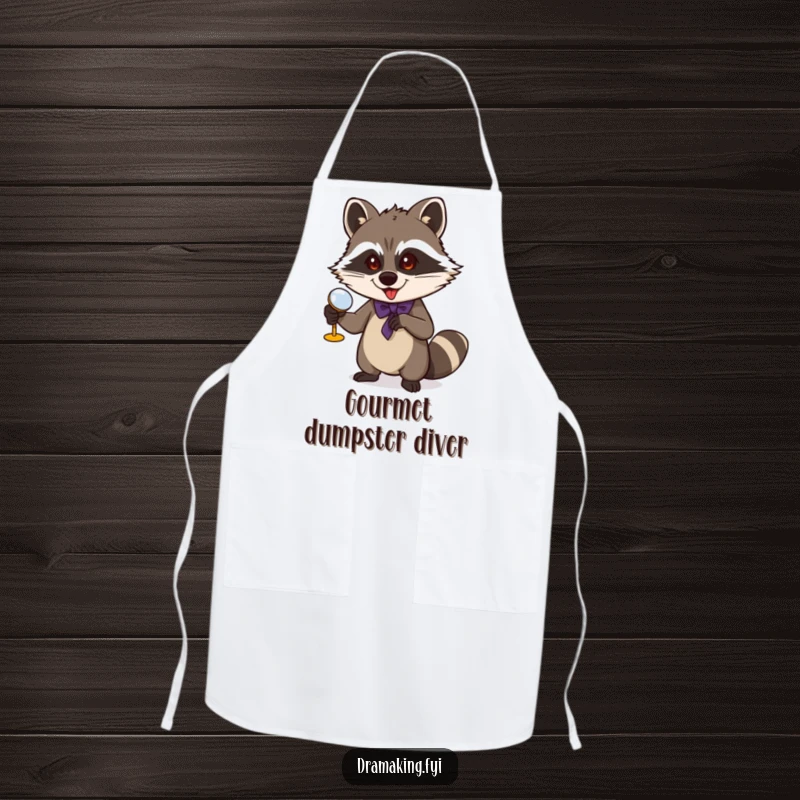 Funny Raccoon Apron: A mischievous raccoon gestures grandly with opera glasses, perfect for adding humor to cooking sessions.
