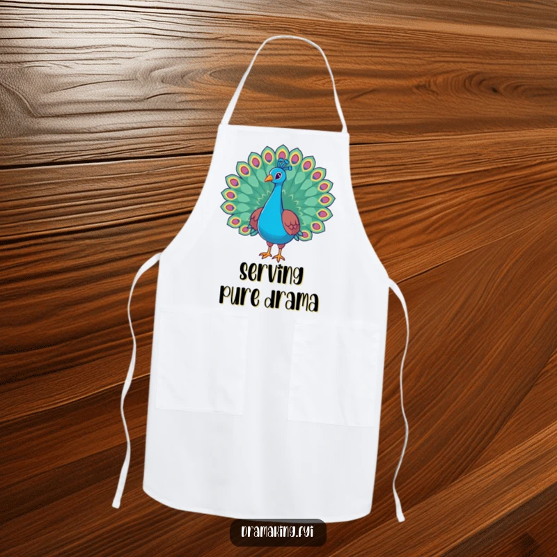 Funny peacock apron showing a regal bird with its magnificent tail feathers flared wide, adding humorous flair to kitchen duties.