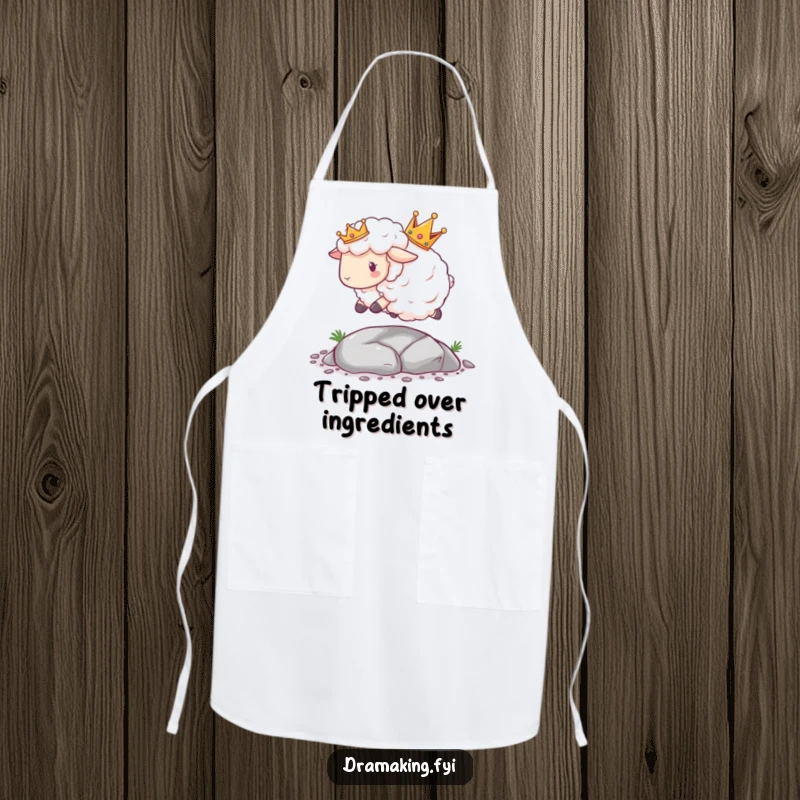 Funny Sheep Crown Apron showing a crowned fluffy sheep tripping dramatically over a tiny pebble while cooking, humorous kitchen wear.