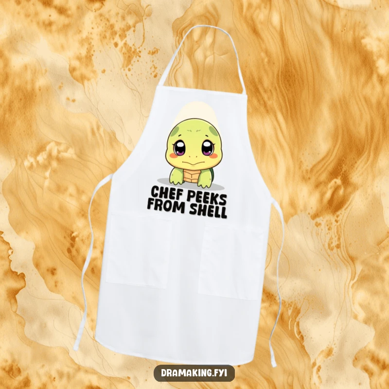 Funny shy turtle apron showing a turtle peeking its head out with wide, expressive eyes under a spotlight, protective kitchen wear.