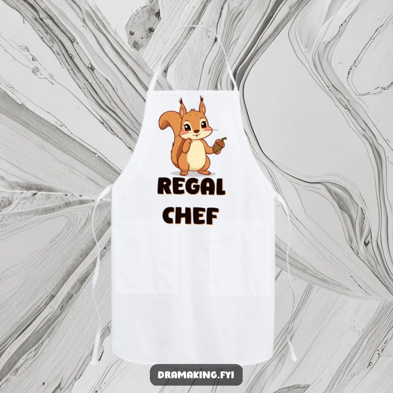 Funny squirrel apron depicting a squirrel dramatically pointing an acorn scepter, ready for kitchen duties with humorous authority.