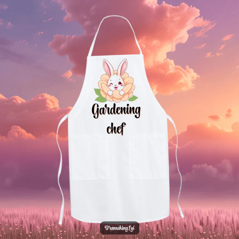 Funny apron depicting a happy rabbit peeking from behind a giant flower, ideal for humorous garden activities.