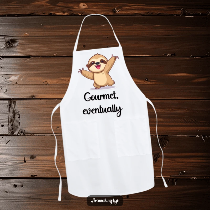 Funny sloth apron with a delighted character in an exaggerated, slow, dramatic pose, ideal for kitchen activities and adding humor.