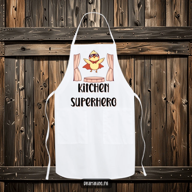 Funny apron depicting a tiny bird in a cape, dramatically leaping from a miniature stage, ideal for humorous kitchen adventures.