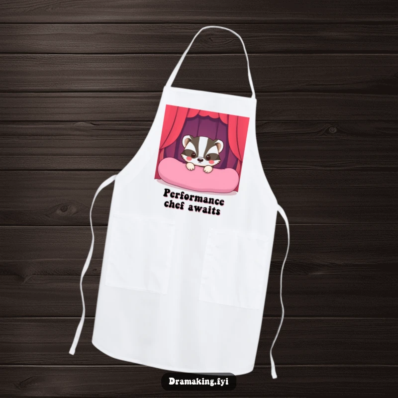 Funny Shy Badger Stage Apron showing a shy badger peeking, ready for its hilariously dramatic performance in the kitchen.