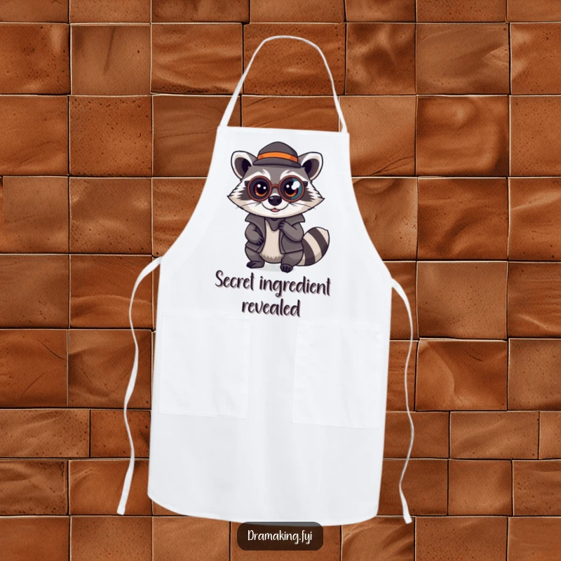Funny Raccoon Detective Apron: A mischievous raccoon in a monocle pretends to be a detective, ready to tackle recipes, a funny gift.