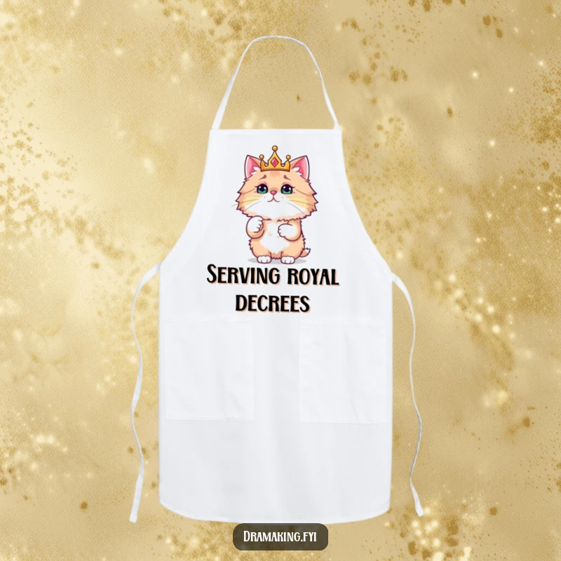 Funny apron showcasing a crowned cat pointing commandingly, perfect for humorous kitchen antics and gifting.