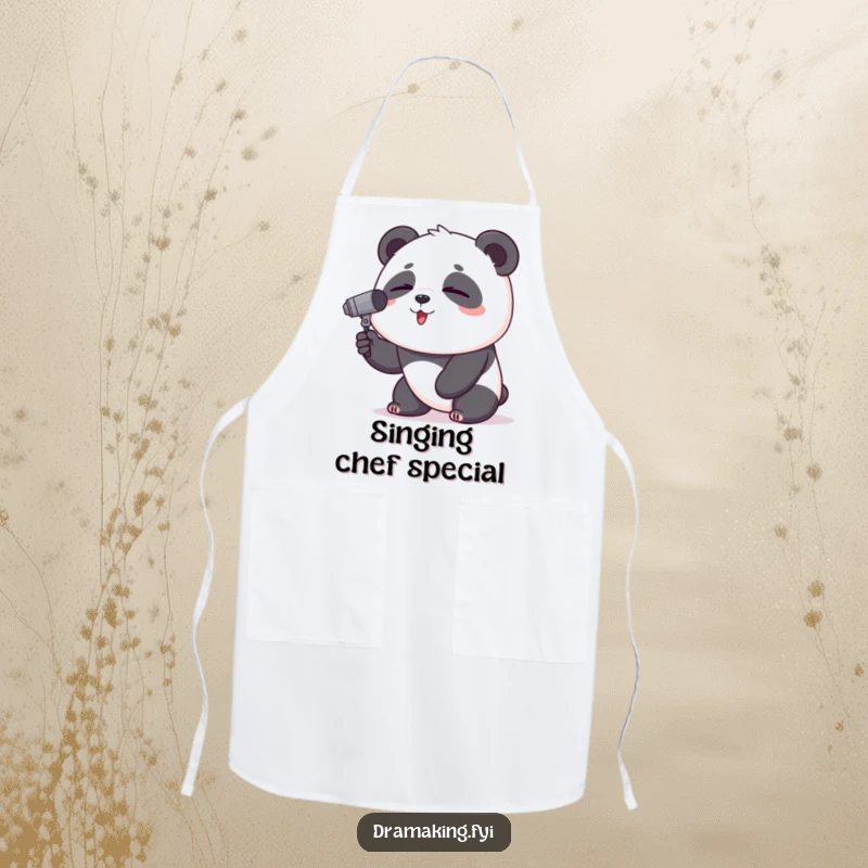 Funny Panda Apron: A proud panda with a tiny microphone sings its heart out while cooking, a comical kitchen companion.