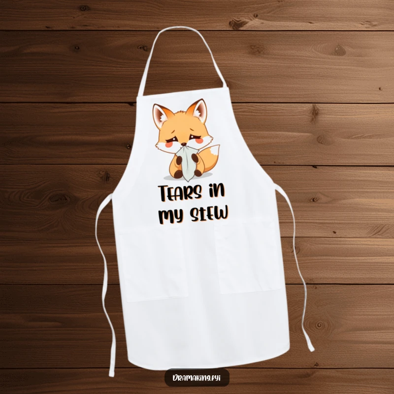 Funny apron design of a small fox dramatically weeping into a tiny handkerchief, perfect for kitchen fun and protection with humor.