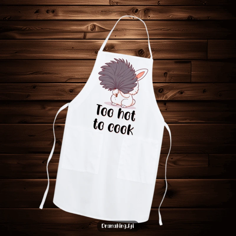 Funny apron design of a fluffy bunny fanning itself with a large feather, ideal for kitchen fun and protection during cooking.