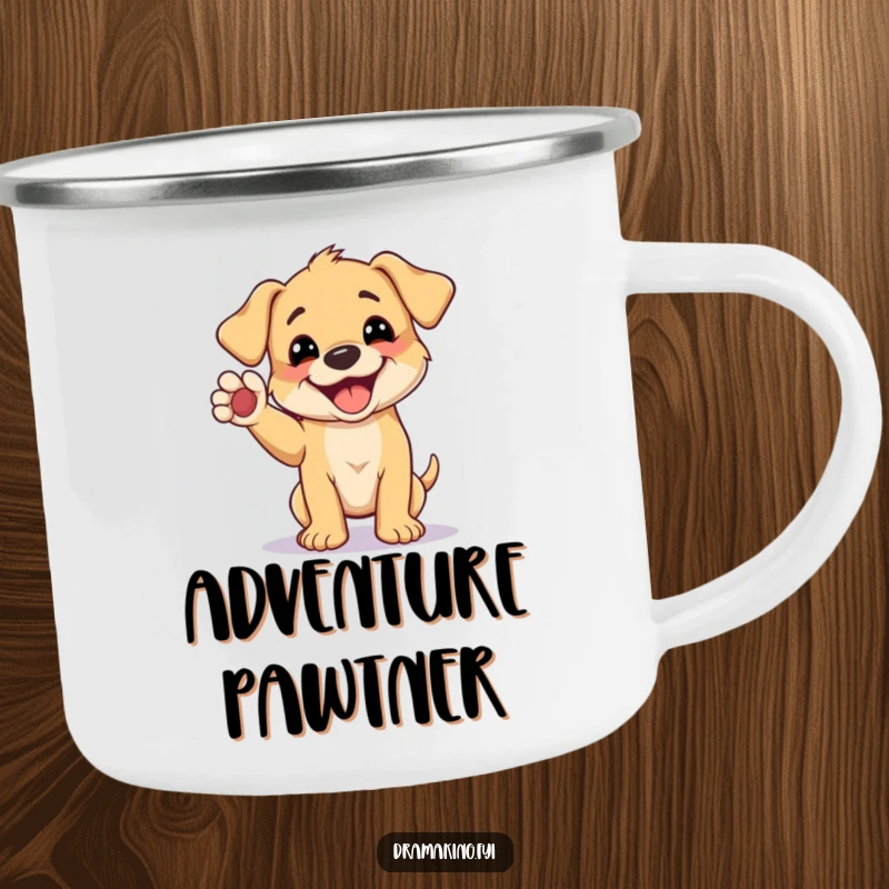 Funny camping mug featuring a happy puppy with a wide grin and a raised paw, perfect for outdoor humor.