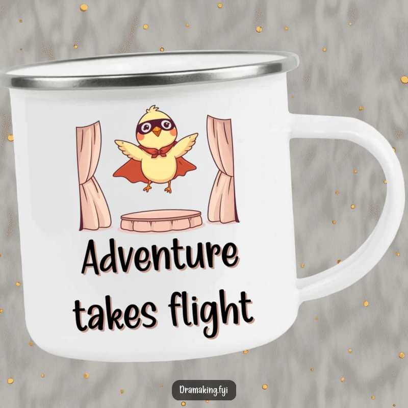 Funny camping mug featuring a tiny bird in a cape, dramatically leaping from a miniature stage, perfect for outdoor heroism.