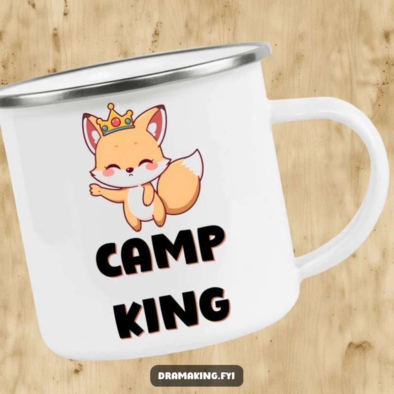 Funny Regal Fox Camping Mug, showing a cute fox wearing a crown, striking a dramatic pose, perfect for outdoor royalty.