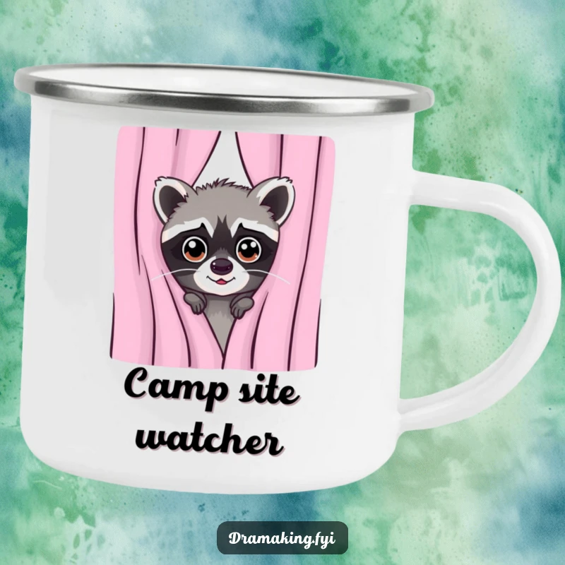 Funny camping mug showing a mischievous raccoon peeking from behind a curtain with wide eyes, enjoying the great outdoors.