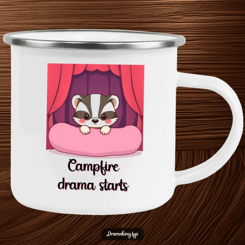 Funny Shy Badger Stage Camping Mug showing a shy badger peeking, ideal for enjoying drinks during outdoor adventures with humor.