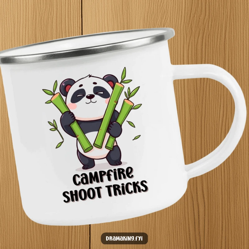 Funny panda camping mug, theatrical wink, juggling three oversized bamboo shoots, durable and entertaining.
