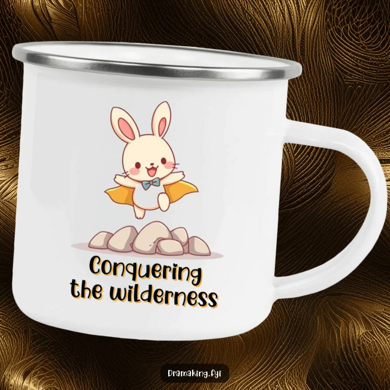 Funny enamel camping mug showing a playful bunny with a cape, leaping over obstacles, ready for heroic outdoor sips.