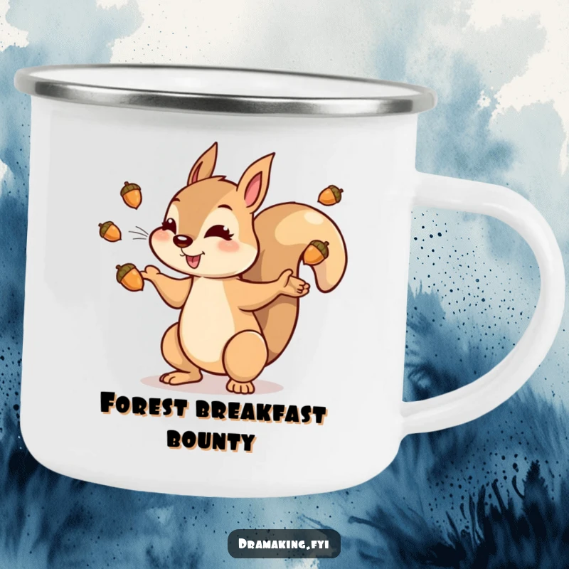 Funny squirrel camping mug featuring a dramatic character tossing shiny acorns into the air, built for adventure and hoarding.