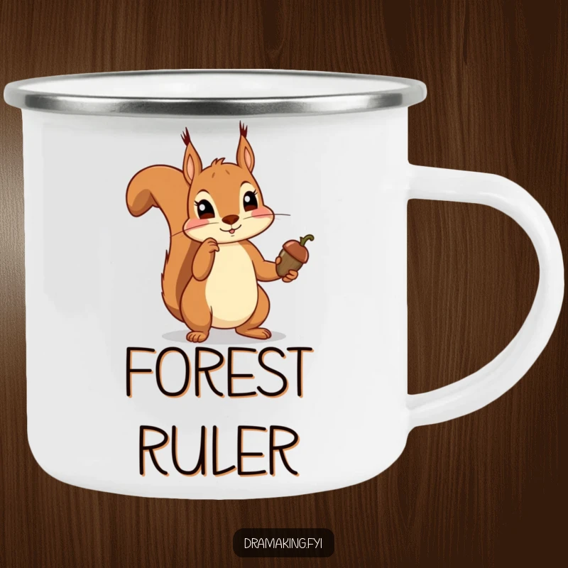Funny squirrel camping mug showing a squirrel dramatically pointing an acorn scepter, ready for adventures with humorous woodland flair.