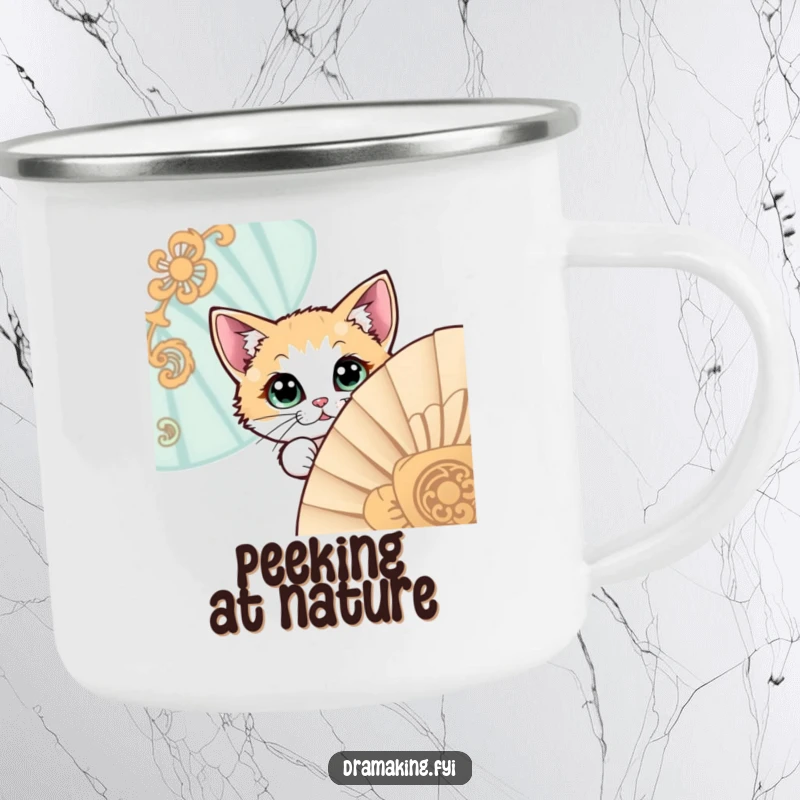 Funny camping mug with a wide-eyed cat peeking from behind a decorative fan, perfect for outdoor drinks and intrigue.