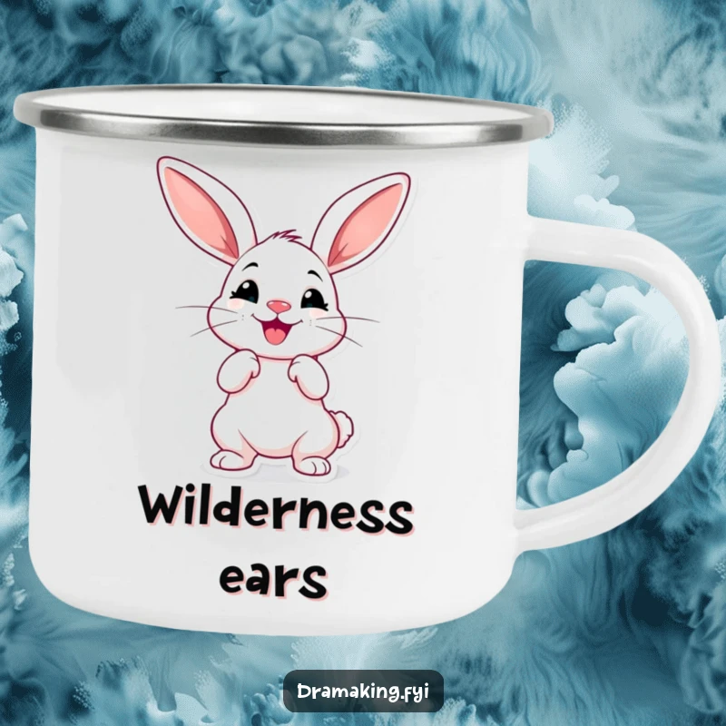 Funny dramatic rabbit camping mug, cheerful with oversized ears, striking a pose, durable and humorous outdoor drinkware.