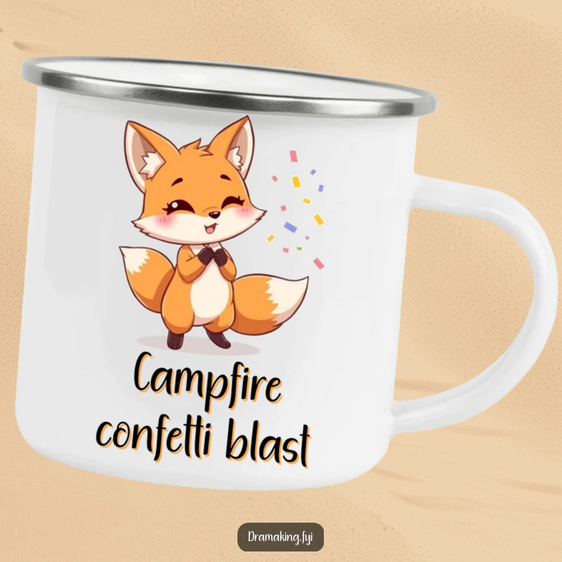 Funny fox camping mug, depicting a cute fox dramatically throwing confetti while posing, humorous and sturdy outdoor mug.