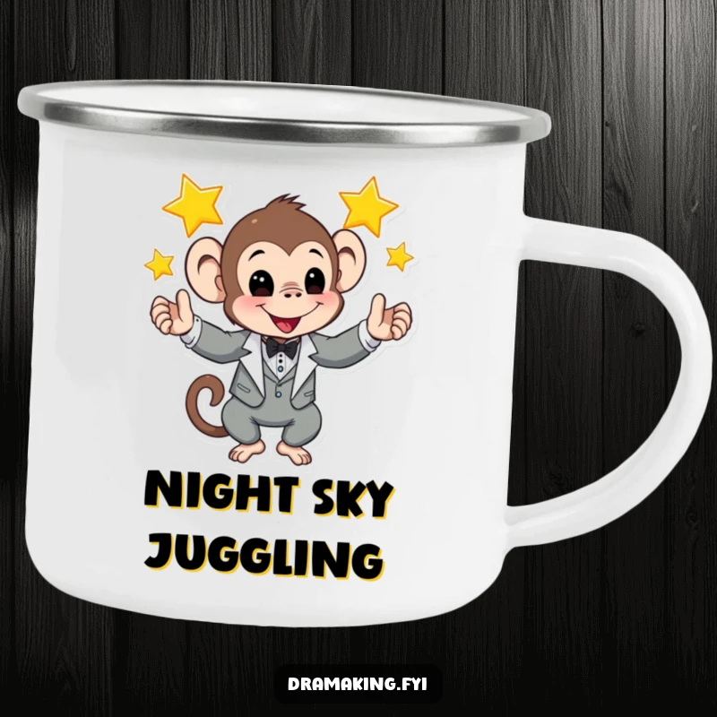 Funny camping mug featuring a monkey in a tuxedo juggling shining stars, bringing cosmic humor to outdoor activities.