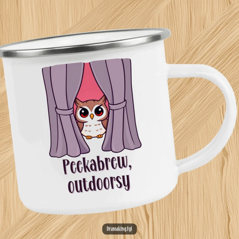 Funny owl character peeking from behind a dramatic curtain, surprised camper, rugged camping mug, witty outdoor gear.