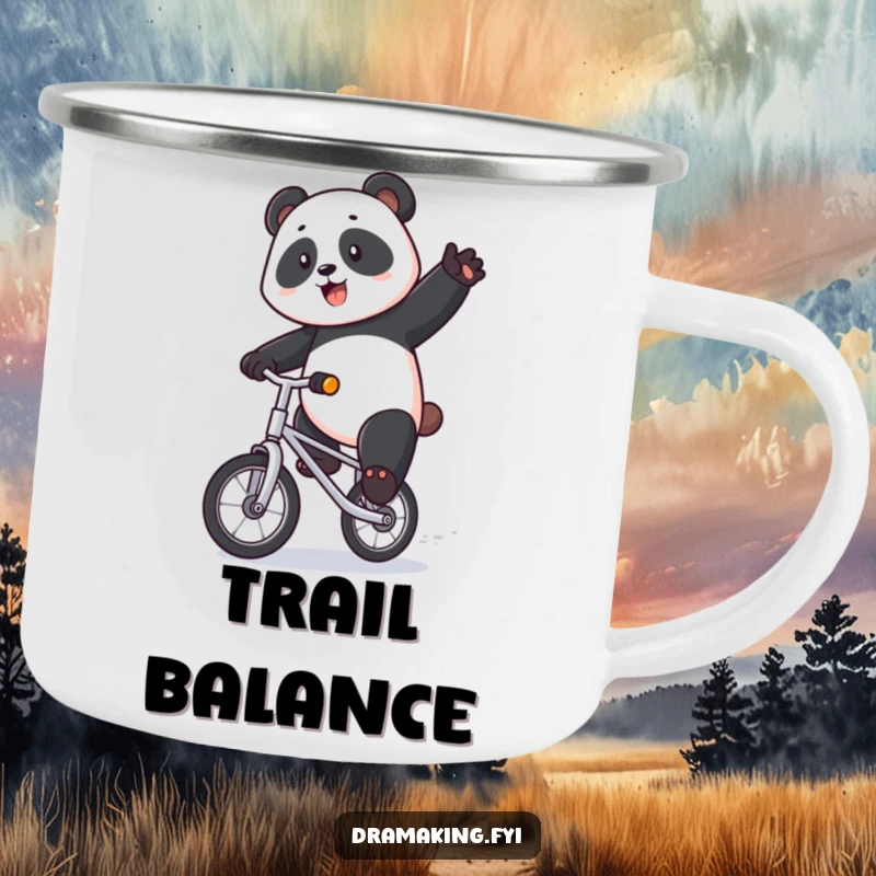 Funny panda camping mug showing a majestic panda riding a tiny unicycle with exaggerated flair, ready for outdoor fun and humorous sips.