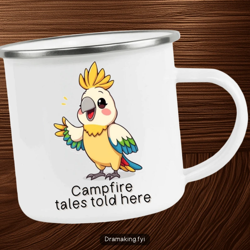 Funny parrot drama camping mug showing a proud, colorful parrot dramatically announcing something, durable for outdoor use.