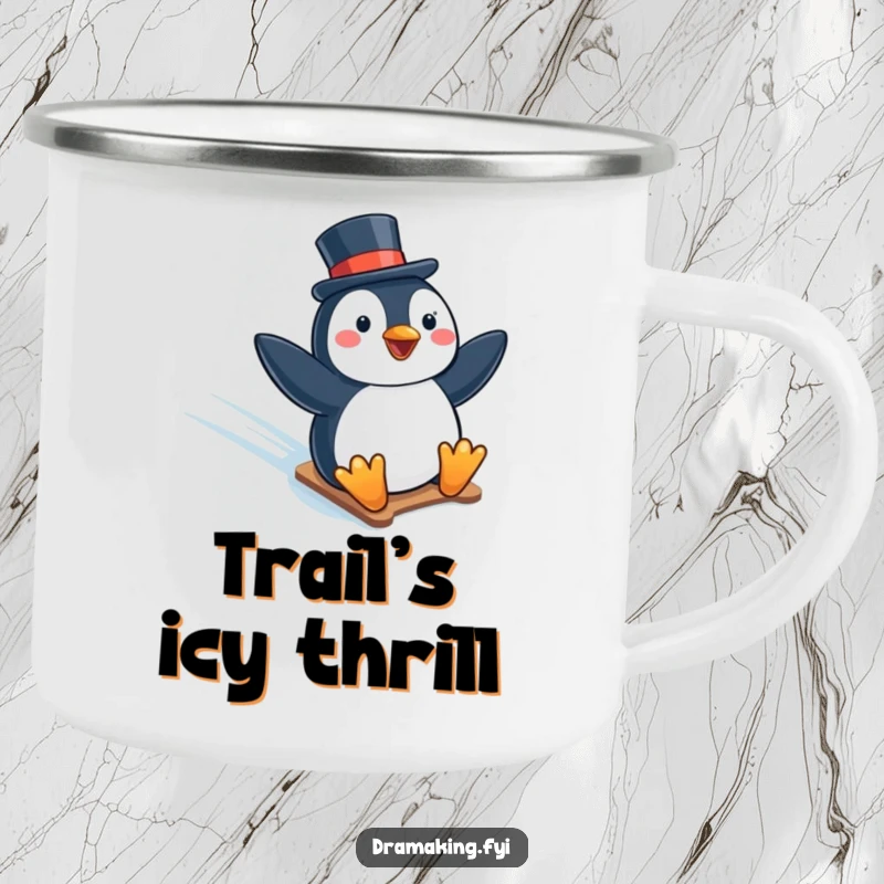 Funny camping mug showing a penguin in a top hat enjoying a slide down an icy slope, bringing humor to outdoor adventures.