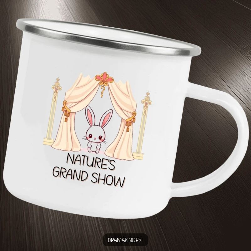 Funny rabbit camping mug featuring a curious character peeking behind an ornate curtain, built for adventure and subtle humor.
